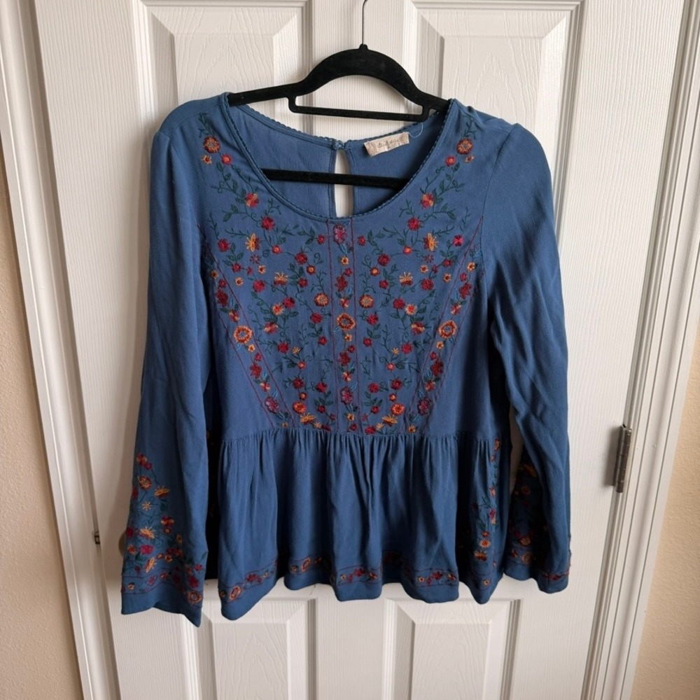 Altard State‎ Blue Floral Embroidered Peplum Babydoll Long Sleeve Top Womens M